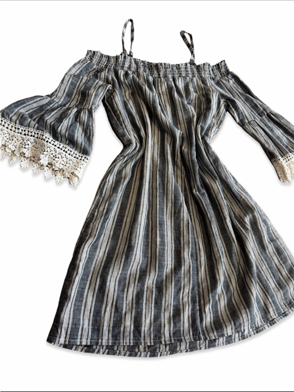 A. Byer Gray & Cream Striped boho dress off shoulder midi size L  100% cotton